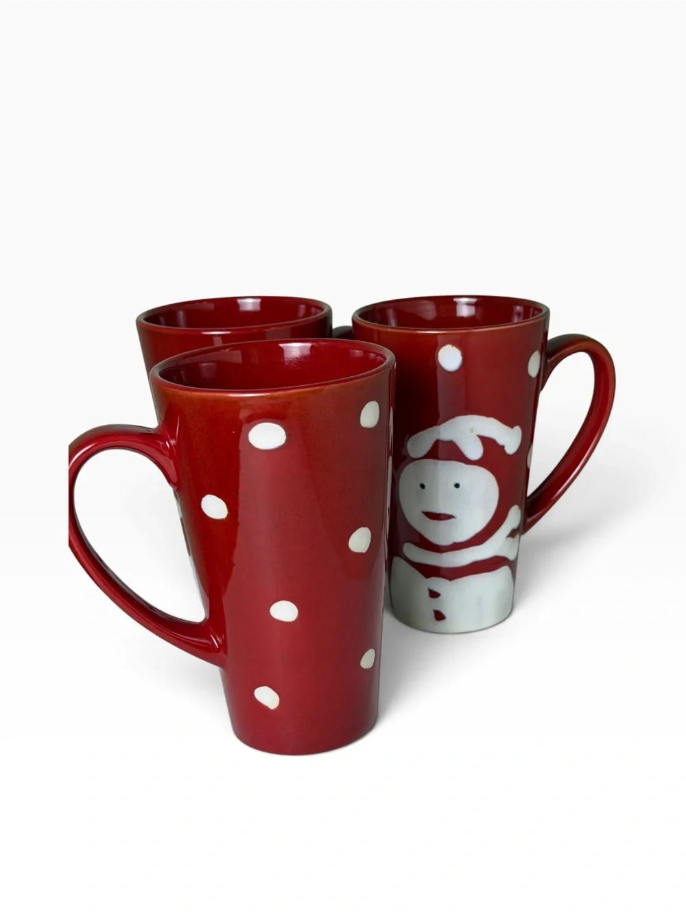 Pier 1 Snowman Christmas Mugs Set of 3 Hand Painted Red Holiday Stoneware